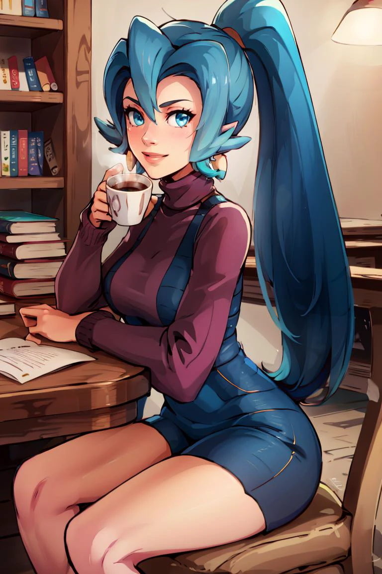 ((masterpiece,best quality)), absurdres, <lora:Clair_Pokemon:0.8>, Clair_Pokemon, solo, 1girl, long hair, blue hair, blue eyes, ponytail, solo, smiling, looking at viewer, cowboy shot turtleneck sweater, earrings, library, cup of coffee, sitting at table