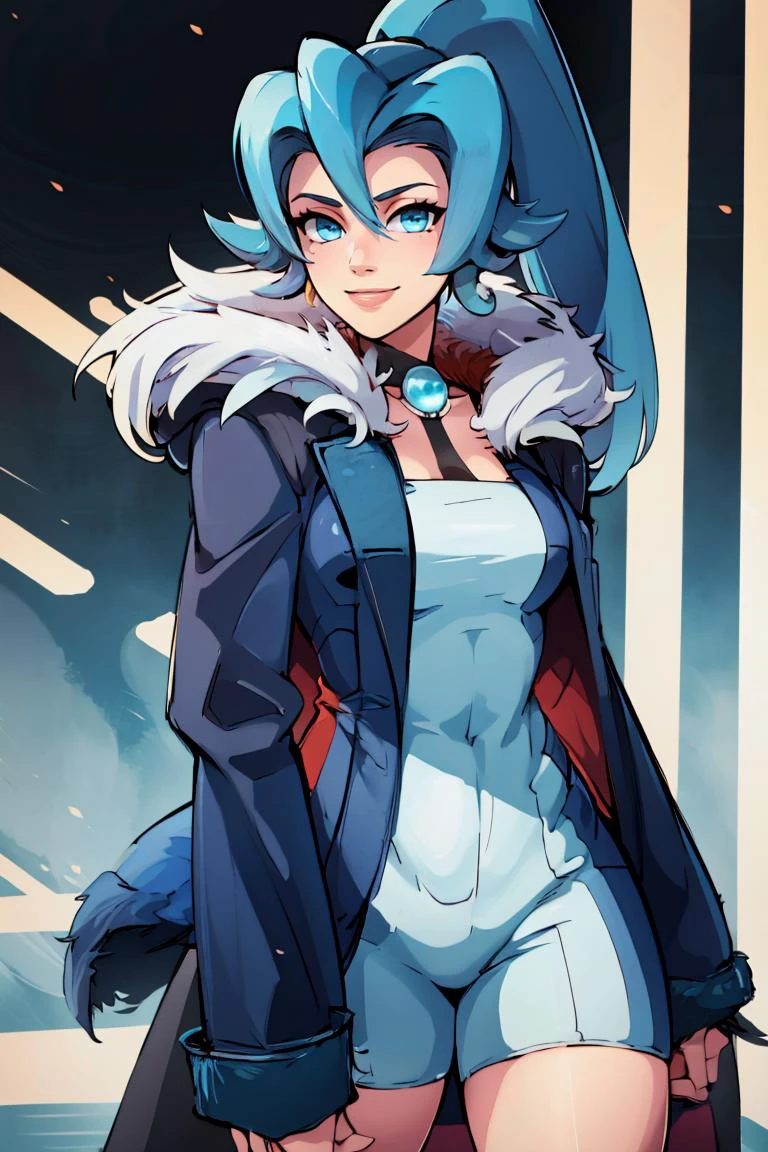 ((masterpiece,best quality)), absurdres, <lora:Clair_Pokemon:0.8>, Clair_Pokemon, solo, 1girl, long hair, blue hair, blue eyes, ponytail, solo, smiling, looking at viewer, cowboy shot (fur coat:1.5), cowboy shot,