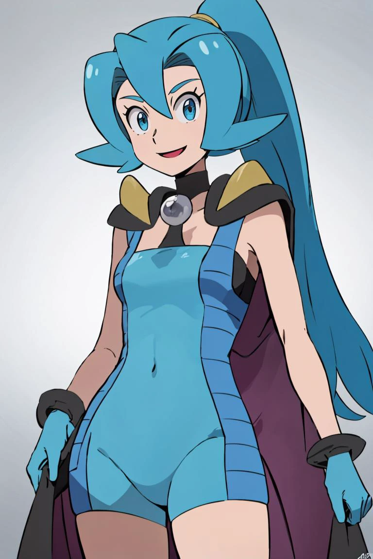 <lora:Alola_Style:0.65>,((masterpiece,best quality)), absurdres, <lora:Clair_Pokemon:0.8>, Clair_Pokemon, solo, 1girl, long hair, blue hair, blue eyes, ponytail, blue bodysuit, black cape, blue gloves, solo, smiling, looking at viewer, cowboy shot