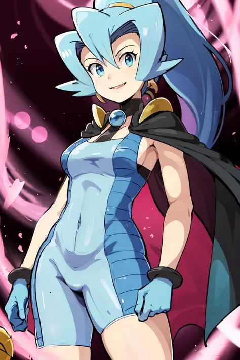 <lora:Gamma:0.8>,((masterpiece,best quality)), absurdres, <lora:Clair_Pokemon:0.8>, Clair_Pokemon, solo, 1girl, long hair, blue hair, blue eyes, ponytail, blue bodysuit, black cape, blue gloves, solo, smiling, looking at viewer, cowboy shot