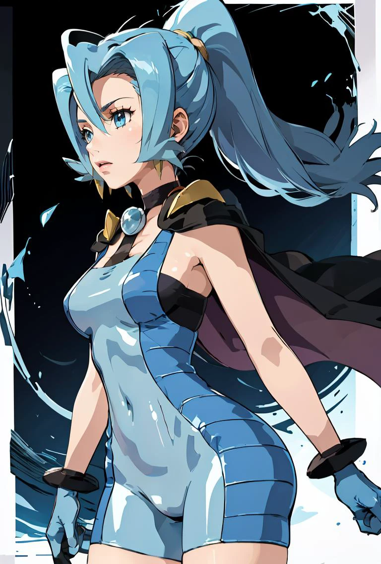 (masterpiece, best quality), 1girl, <lora:Clair_Pokemon:0.8> Clair_Pokemon, solo, 1girl, long hair, blue hair, blue eyes, ponytail, blue bodysuit, black cape, blue gloves,
