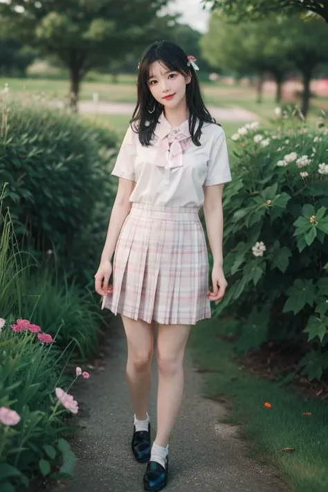 best quality,masterpiece,realistic,HDR,UHD,8K,Highly detailed,1girl,long hair,radiant face,sparkling eyes,blush,serafuku,background flower garden,full body,looking at viewer,<lora:msxdx:0.8>