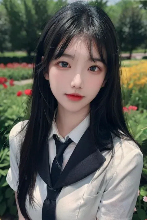 best quality,masterpiece,realistic,HDR,UHD,8K,Highly detailed,1girl,long hair,radiant face,sparkling eyes,blush,school uniform,background flower garden,looking at viewer, <lora:msxdx:0.8>
