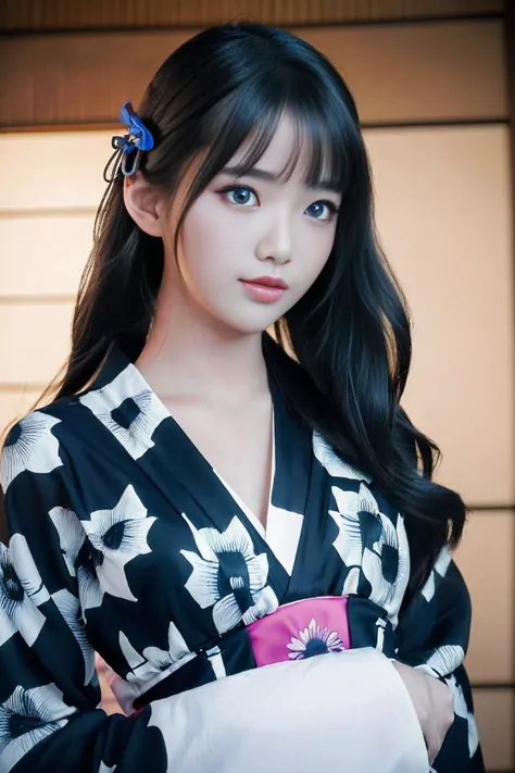 (best quality, masterpiece:1.2), (realistic:1.3), high resolution, (ultra-detailed background, detailed background), bokeh, (symmetrical clear eyes:1.3), an extremely cute and beautiful girl, highly detailed beautiful face and black eyes, beautiful hair, ((colorful Japanese yukata)), 1girl, solo, dynamic angle, cowboy shot, <lora:msxdx:0.8>,