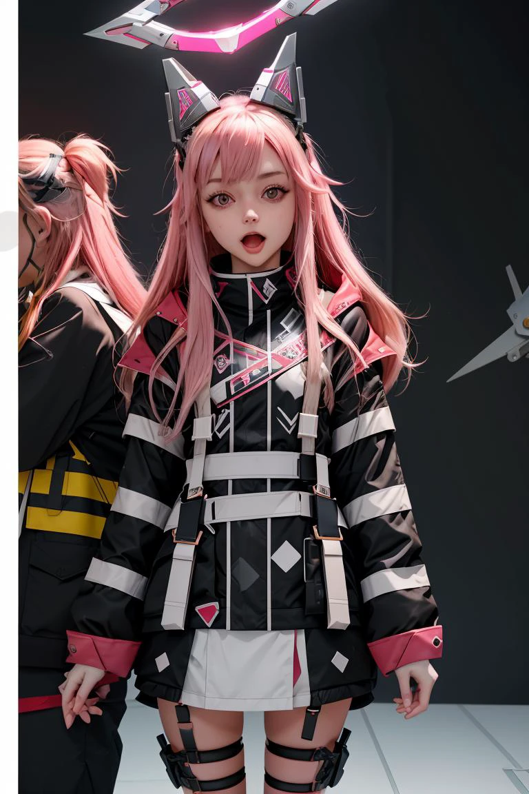 (masterpiece, best quality), 1girl, <lora:spotoriEmu-08:1> emuag, fake animal ears, fake mechanical ears, mechanical halo, black jacket, thigh strap, :d