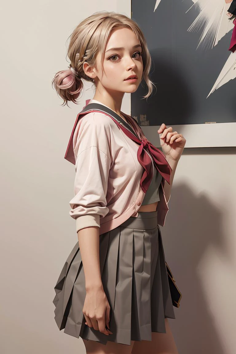 (masterpiece, best quality), 1girl, <lora:spotoriEmu-08:1> emusai, white sailor collar, pink cardigan, red neckerchief, grey shirt, grey skirt, pleated skirt