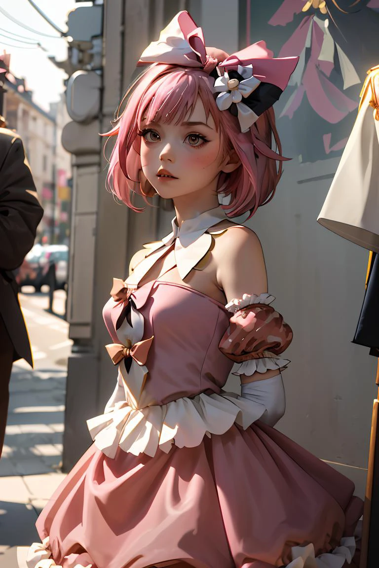 (masterpiece, best quality), 1girl, <lora:spotoriEmu-08:1> emudef, hair bow, hair ribbon, bare shoulders, puffy short sleeves, detached collar, white gloves, pink dress, frills