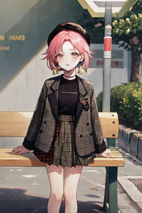 masterpiece, (detailed, highres, best quality), 1girl, <lora:spotoriEmu-08:1> emucas2, long sleeves, black beret, yellow earrings, brown jacket, black shirt, plaid skirt, artist name, bench, bus stop, outdoors, rain, shadow, sign, umbrella, very wide shot