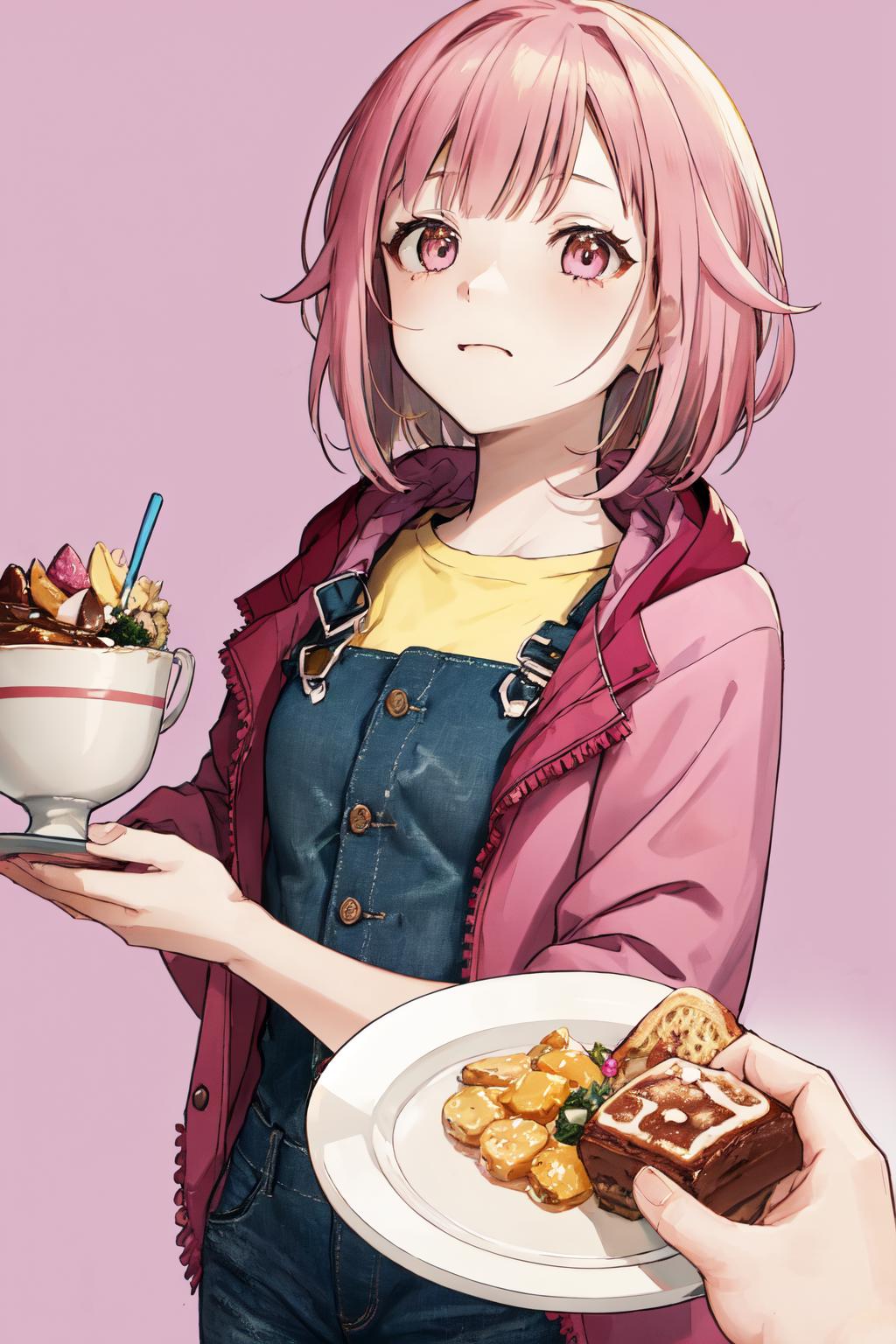 Anime girl holding a plate of food with a bowl of fruit - SeaArt AI