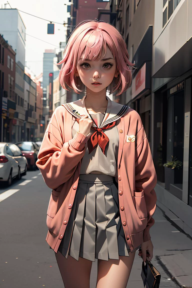 (masterpiece, best quality), 1girl, <lora:spotoriEmu-08:1> emusai, white sailor collar, pink cardigan, red neckerchief, grey shirt, grey skirt, pleated skirt
