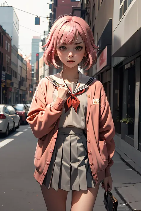 (masterpiece, best quality), 1girl,   <lora:spotoriEmu-08:1> emusai, white sailor collar, pink cardigan, red neckerchief, grey shirt, grey skirt, pleated skirt