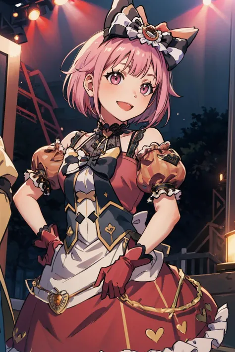 masterpiece, best quality, solo <lora:spotoriEmu-08:0.8> emuhcr, pink gloves, black dress, black bow, rabbit ears, puffy short sleeves, frills, cowboy shot, hands to hips, head tilt, smile, stage