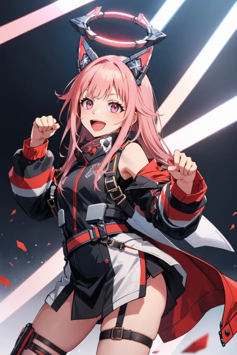 masterpiece, best quality, solo <lora:spotoriEmu-08:0.8> emuag, fake animal ears, fake mechanical ears, mechanical halo, black jacket, thigh strap, :d, paw pose, smile