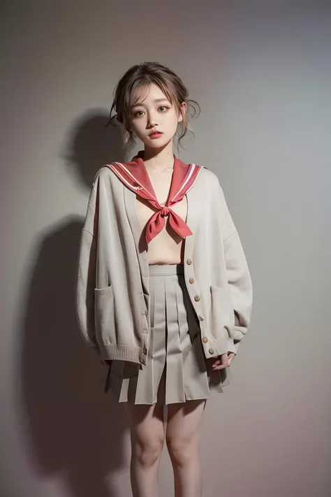 (masterpiece, best quality), 1girl, <lora:spotoriEmu-08:1> emusai, white sailor collar, pink cardigan, red neckerchief, grey shirt, grey skirt, pleated skirt