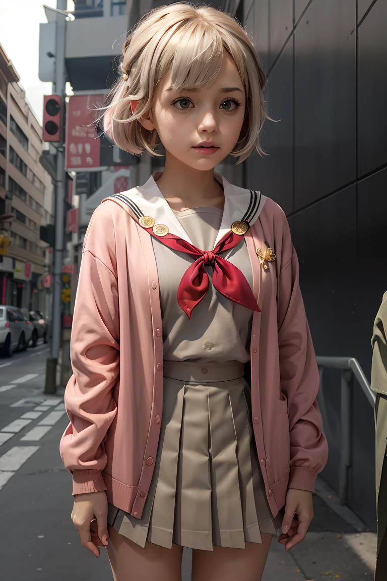 (masterpiece, best quality), 1girl, <lora:spotoriEmu-08:1> emusai, white sailor collar, pink cardigan, red neckerchief, grey shirt, grey skirt, pleated skirt