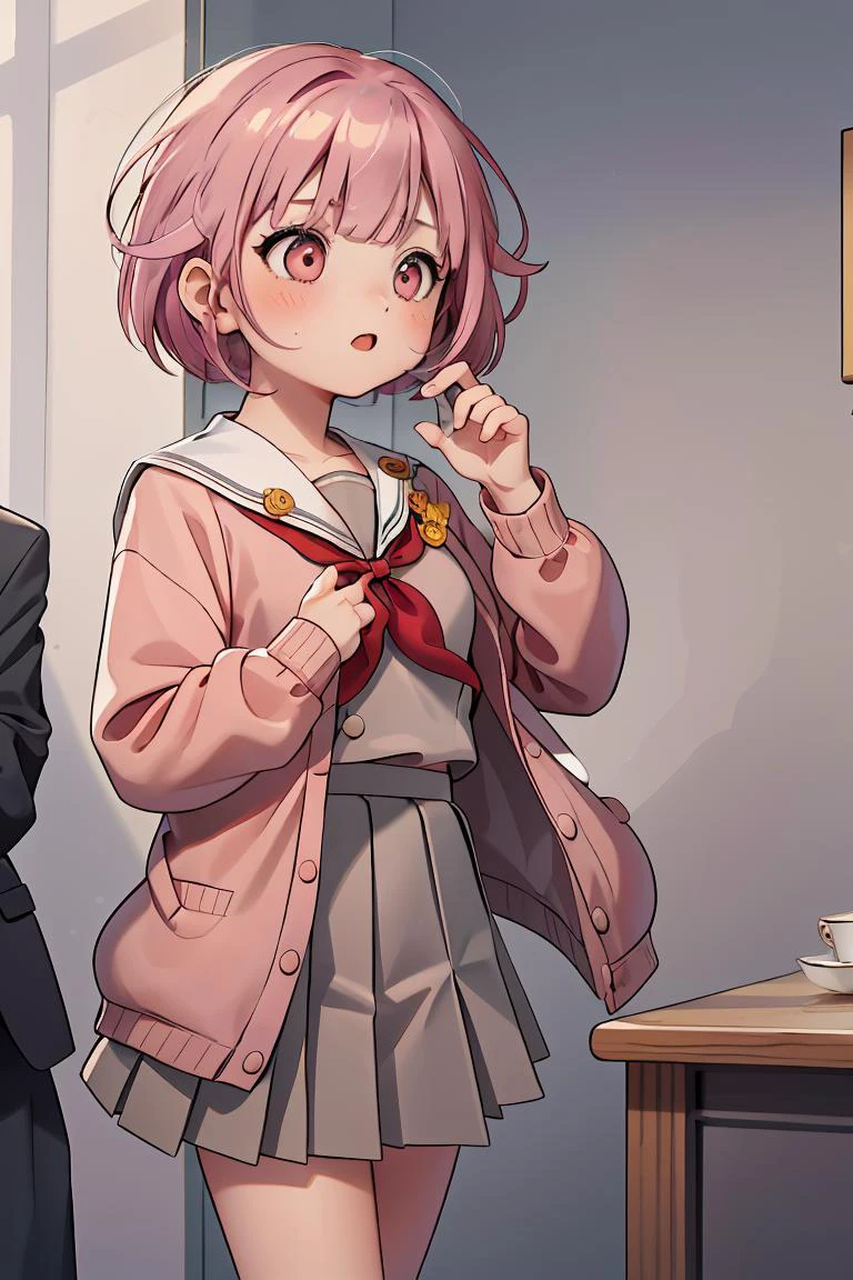 (masterpiece, best quality), 1girl, <lora:spotoriEmu-08:1> emusai, white sailor collar, pink cardigan, red neckerchief, grey shirt, grey skirt, pleated skirt