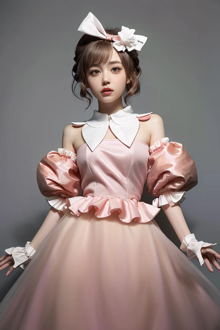 (masterpiece, best quality), 1girl, <lora:spotoriEmu-08:1> emudef, hair bow, hair ribbon, bare shoulders, puffy short sleeves, detached collar, white gloves, pink dress, frills