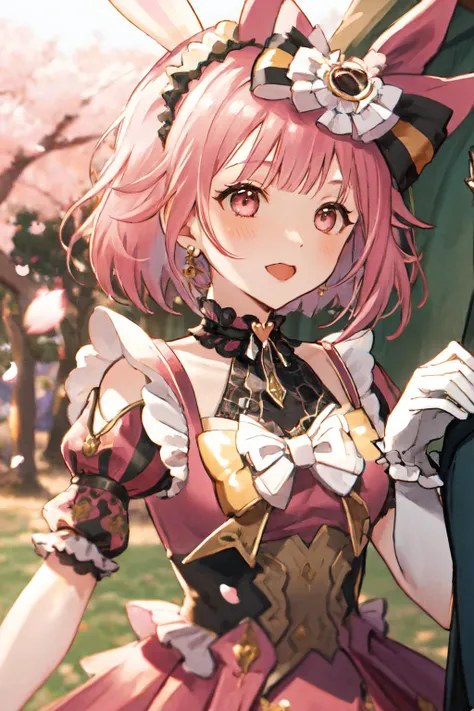 masterpiece, (detailed, highres, best quality), 1girl, <lora:spotoriEmu-08:1> emuhcr, pink gloves, black dress, black bow, rabbit ears, puffy short sleeves, frills, blurry, blurry foreground, cherry blossoms, fantasy, letterboxed, outdoors, petals, scenery, upper body
