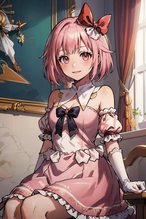 masterpiece, best quality, solo <lora:spotoriEmu-08:0.8> emudef, hair bow, hair ribbon, bare shoulders, puffy short sleeves, detached collar, white gloves, pink dress, frills, sitting, smile