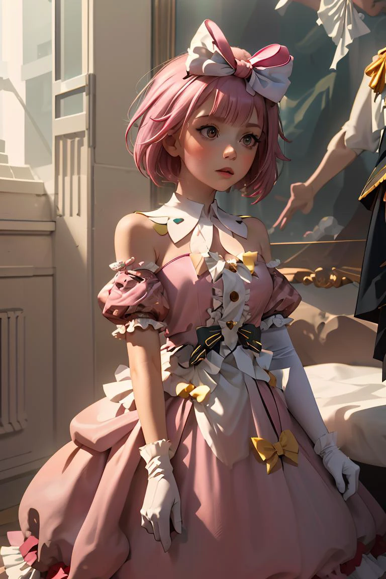 (masterpiece, best quality), 1girl, <lora:spotoriEmu-08:1> emudef, hair bow, hair ribbon, bare shoulders, puffy short sleeves, detached collar, white gloves, pink dress, frills
