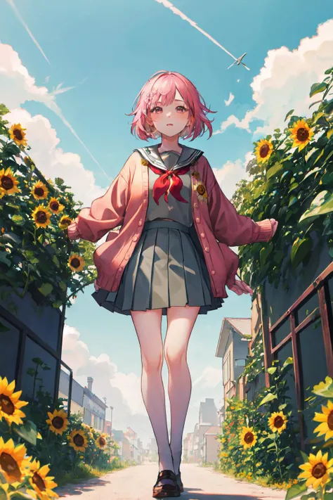 masterpiece, (detailed, highres, best quality), 1girl, <lora:spotoriEmu-08:1> emusai, white sailor collar, pink cardigan, red neckerchief, grey shirt, grey skirt, pleated skirt, blue sky, cloud, cloudy sky, day, flower, full body, outdoors, petals, sky, sunflower