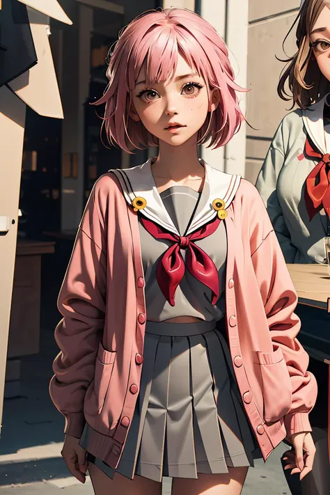 (masterpiece, best quality), 1girl,   <lora:spotoriEmu-08:1> emusai, white sailor collar, pink cardigan, red neckerchief, grey shirt, grey skirt, pleated skirt