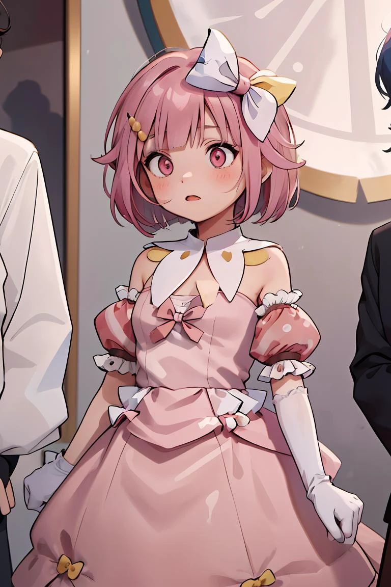 (masterpiece, best quality), 1girl, <lora:spotoriEmu-08:1> emudef, hair bow, hair ribbon, bare shoulders, puffy short sleeves, detached collar, white gloves, pink dress, frills