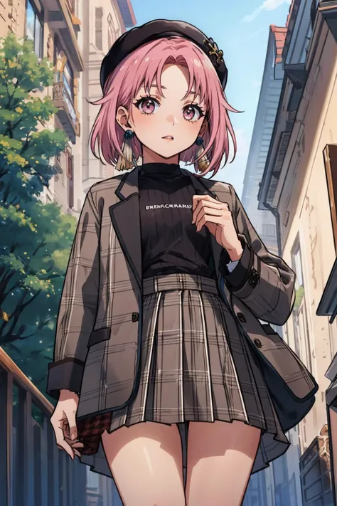 best quality,solo focus,1girl,lucid \(maplestory\),short hair,pink hair,pink eyes <lora:lucid-01:1> ,<lora:add_detail:0.5>,knees apart feet together,(brown check pattern shawl around own arms:1.2), (black simple long skirt:1.1), (white simple off-shoulder sweater:1.1)