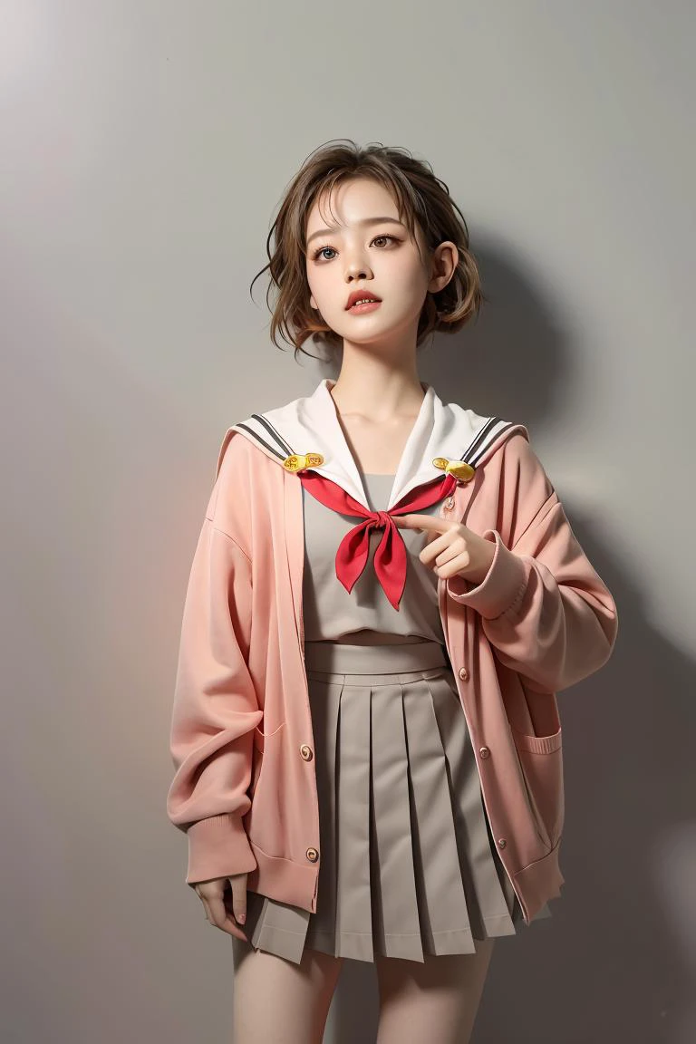 (masterpiece, best quality), 1girl, <lora:spotoriEmu-08:1> emusai, white sailor collar, pink cardigan, red neckerchief, grey shirt, grey skirt, pleated skirt