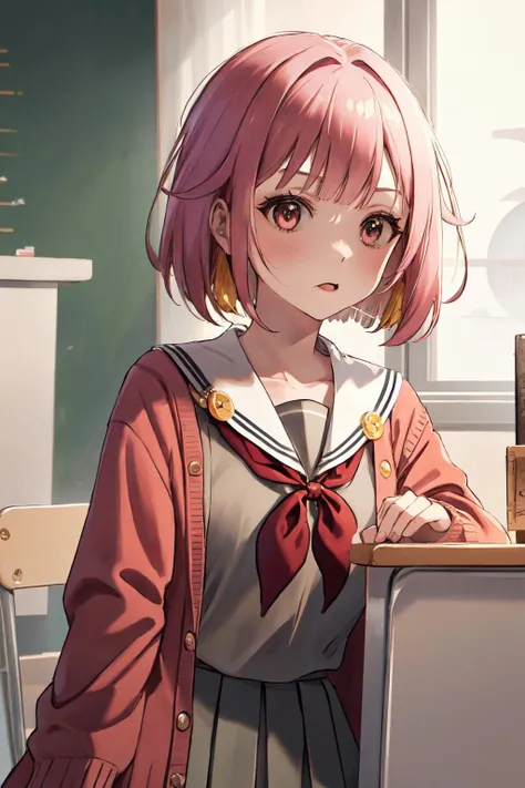 masterpiece, (detailed, highres, best quality), 1girl, <lora:spotoriEmu-08:1> emusai, white sailor collar, pink cardigan, red neckerchief, grey shirt, grey skirt, pleated skirt, upper body, day, sunshaft, school, desk