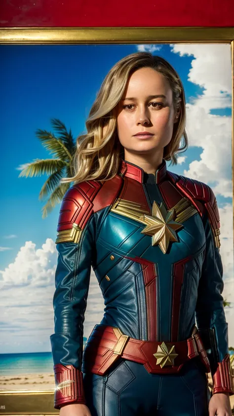 analog style, skin details, high detailed skin texture, ((photorealistic), film grain), 8k hdr, ultra realistic, film photography, dslr, poster , tropical island, romantic, Brie Larson as captain marvel, (detailed skin,detailed eyes:1.3), beach Palm trees, masterpiece, intense , ambient light, Vivid color of field, High contrast, hyper realism, intricate detailed photorealistic, portrait photograph, trending, award winning photography, vivid colors, ultrahd, hdr shot, dramatic composition, vibrant colors, sharp details, <lora:brieLarson_v10:0.8>,