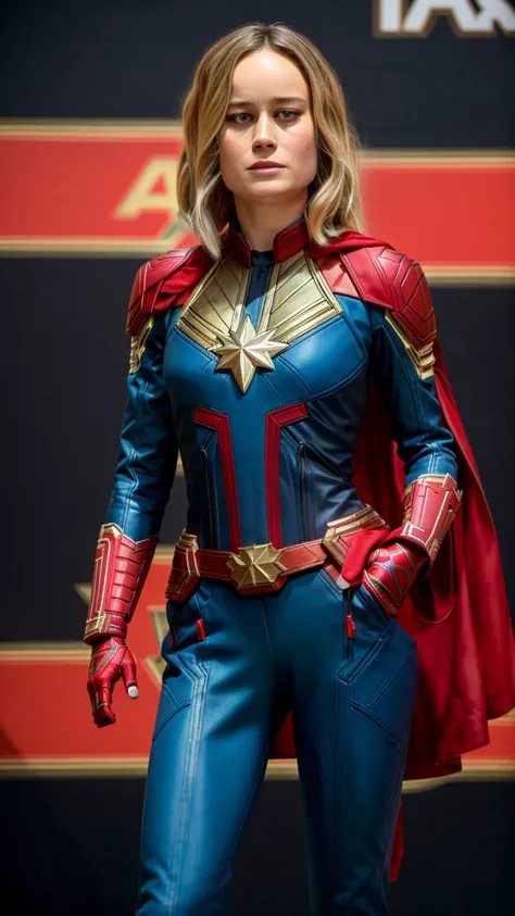 analog style, skin details, high detailed skin texture, ((photorealistic), film grain), 8k hdr, ultra realistic, film photography, dslr, poster, action scene, Brie Larson as captain marvel, (detailed skin,detailed eyes:1.3), masterpiece, intense , ambient light, Vivid color of field, High contrast, hyper realism, intricate detailed photorealistic, portrait photograph, trending, award winning photography, vivid colors, ultrahd, hdr shot, dramatic composition, vibrant colors, sharp details, <lora:brieLarson_v10:0.8>,