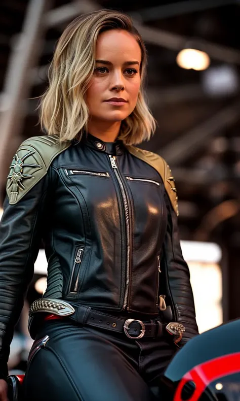 full body photo of (Brie Larson) wearing leather biker gear, (((riding a motor bike))), extremely high quality RAW photograph, detailed background, intricate, Exquisite details and textures, highly detailed, ultra detailed photograph, warm lighting, artstation, 4k, sharp focus, high resolution, detailed skin, detailed eyes, 8k uhd, dslr, high quality, film grain, Fujifilm XT3,