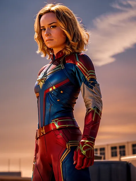 (realism) photo of (Brie Larson), Captain Marvel cosplay, small smile, hands on hips