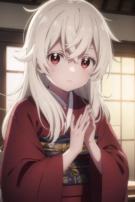 summertimehaine, <lora:summertime haine s1-lora-nochekaiser:1>,
haine, long hair, bangs, (red eyes:1.3), white hair,
BREAK japanese clothes, kimono, red kimono,
BREAK indoors,
BREAK looking at viewer,
BREAK <lyco:GoodHands-beta2:1>, (masterpiece:1.2), best quality, high resolution, unity 8k wallpaper, (illustration:0.8), (beautiful detailed eyes:1.6), extremely detailed face, perfect lighting, extremely detailed CG, (perfect hands, perfect anatomy),