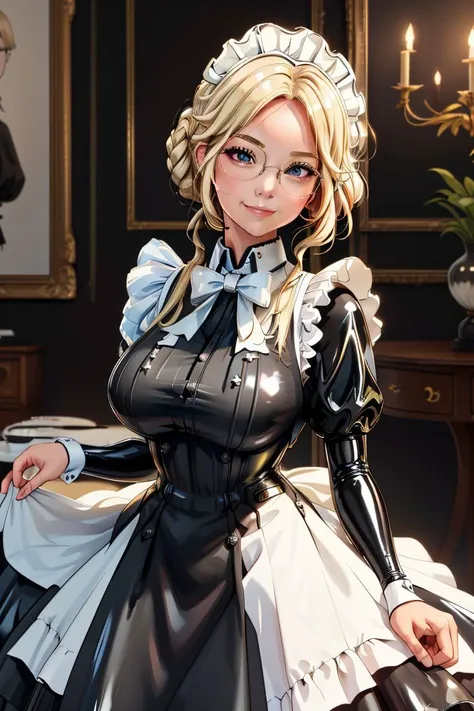 high resolution, masterpiece, high quality, fancy mansion foyer, <lora:BustleFashion:.6>,  <lora:ade-nikke-richy-v1:.9>, Ade, maid, blonde hair, updo, bu5tl3, ((black latex maid dress)), apron, large breasts, glasses, extremely glossy, looking at you, gentle smile