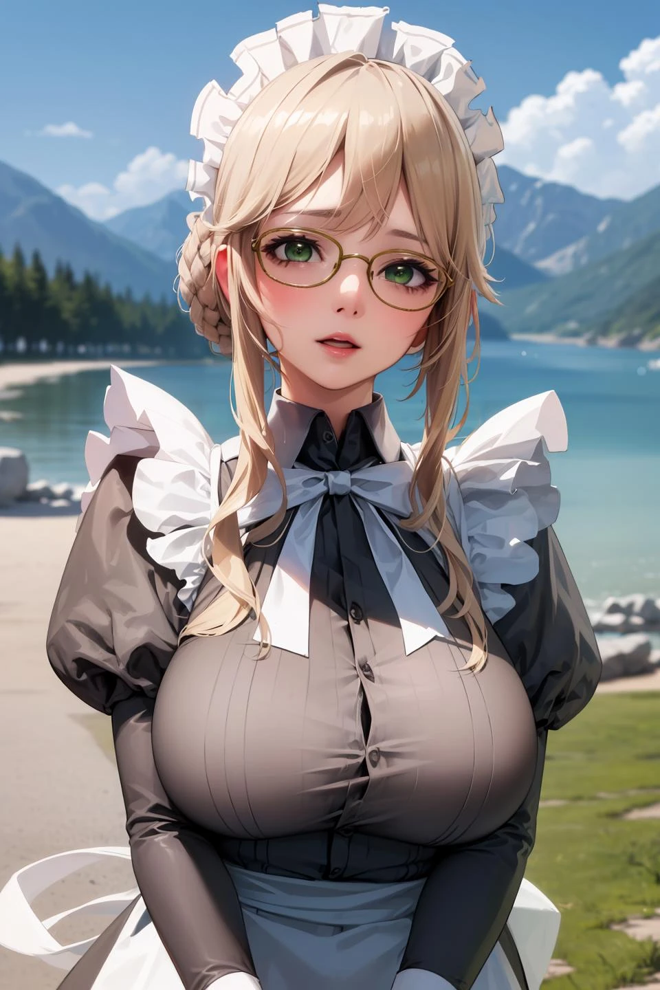 (masterpiece, best quality, unity 8k wallpaper, highres, absurdres, background), depth of field, perfect lighting, cinematic shadows, BREAK
(super_perfect_good anatomy head face fingers arms hands, slender:1.2, constricted waist:1.2), BREAK
(super_beautiful_detailed 1woman very_saggy_long_breasts hair green_kind_elongated_eyes face nose open_mouth skin maid:1.2), ade, <lora:ade-nikke-richy-v1:0.9>, (scenery background wonderful_match_maid:1.2)