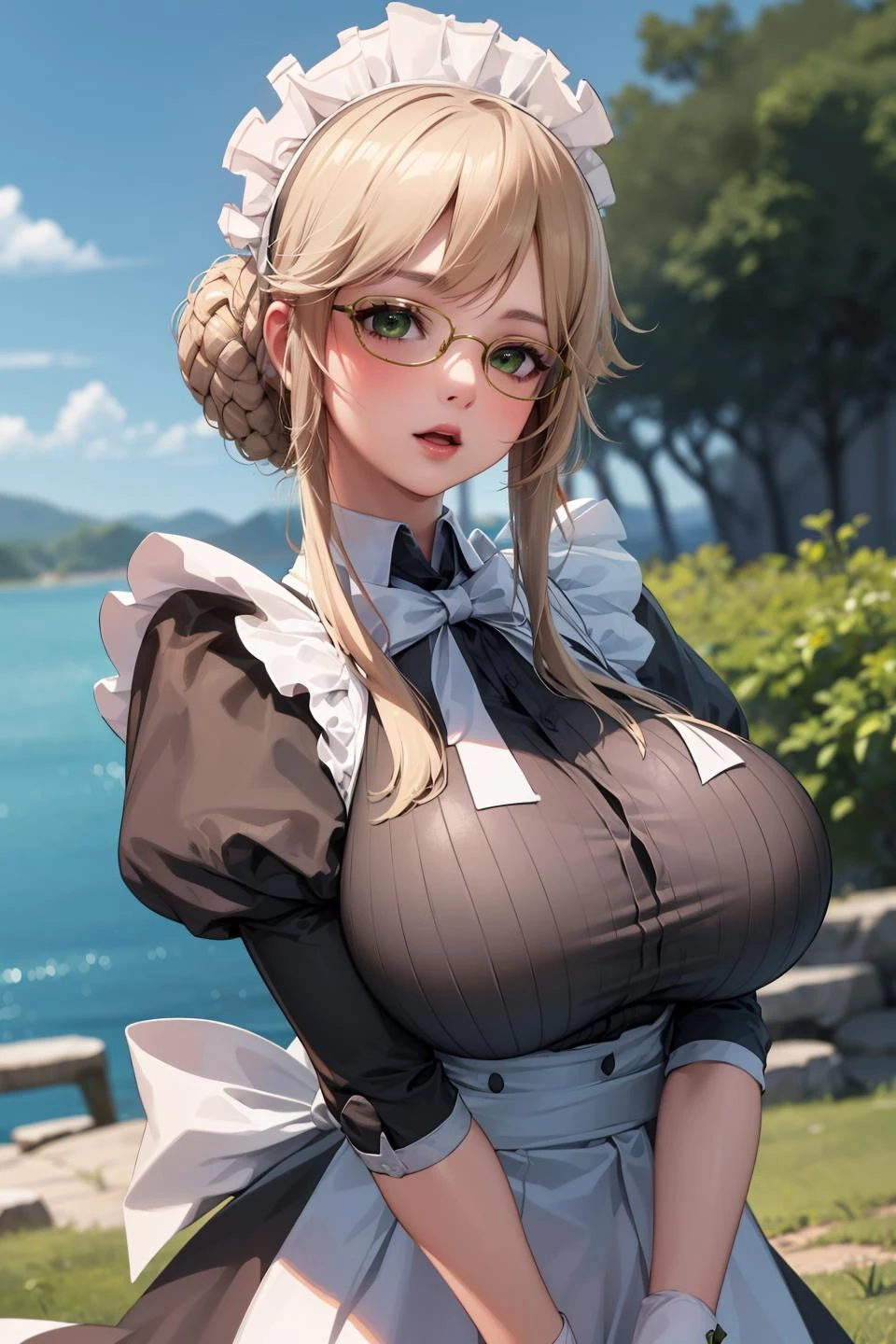 (masterpiece, best quality, unity 8k wallpaper, highres, absurdres, background), depth of field, perfect lighting, cinematic shadows, BREAK
(super_perfect_good anatomy head face fingers arms hands, slender:1.2, constricted waist:1.2), BREAK
(super_beautiful_detailed 1woman very_saggy_long_breasts hair green_kind_elongated_eyes face nose open_mouth skin maid:1.2), ade, <lora:ade-nikke-richy-v1:0.9>, (scenery background wonderful_match_maid:1.2)