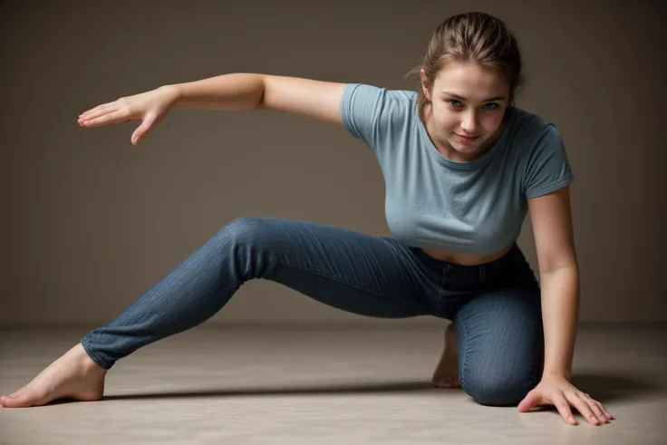 full body,from below,photo of a 18 year old girl,kneeling,happy,laughing,looking at viewer,blue eyes,(shirt:1.2),(pants:1.2),ray tracing,detail shadow,shot on Fujifilm X-T4,85mm f1.2,sharp focus,depth of field,blurry background,bokeh,motion blur,<lora:add_detail:1>,<lora:LCM_LoRA_Weights_SD15:1>,
