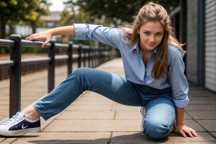 full body,from below,photo of a 18 year old girl,kneeling,happy,looking at viewer,blue eyes,shirt,pants,outdoor,windy,ray tracing,detail shadow,shot on Fujifilm X-T4,85mm f1.2,sharp focus,depth of field,blurry background,bokeh,motion blur,<lora:add_detail:1>,