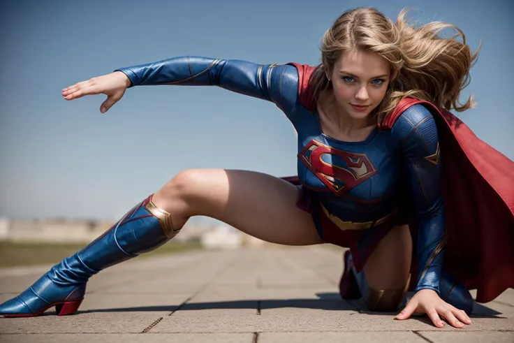 DC movies,full body,from below,photo of a 18 year old girl,supergirl,kneeling,happy,looking at viewer,blue eyes,outdoor,windy,ray tracing,detail shadow,shot on Fujifilm X-T4,85mm f1.2,sharp focus,depth of field,blurry background,bokeh,motion blur,<lora:add_detail:1>,