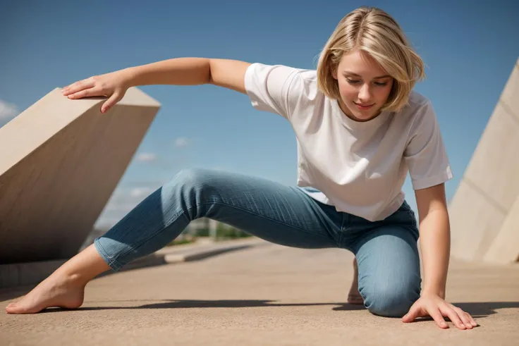 full body,from below,photo of a 18 year old girl,kneeling,happy,looking at viewer,blue eyes,blonde hair,bob cut,shirt,pants,outdoor,windy,ray tracing,detail shadow,shot on Fujifilm X-T4,85mm f1.2,sharp focus,depth of field,blurry background,bokeh,motion blur,<lora:add_detail:1>,