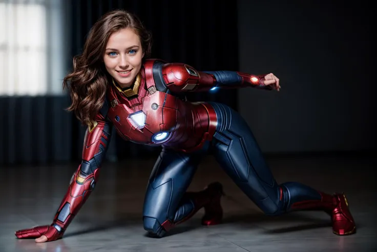 Marvel s,full body,photo of a 18 year old girl,ironman,kneeling,happy,laughing,blue eyes,ray tracing,detail shadow,shot on Fujifilm X-T4,85mm f1.2,sharp focus,depth of field,blurry background,bokeh,motion blur,<lora:add_detail:1>,