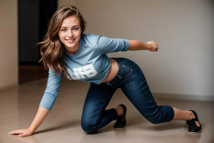 full body,photo of a 18 year old girl,kneeling,happy,laughing,shirt,pants,blue eyes,ray tracing,detail shadow,shot on Fujifilm X-T4,85mm f1.2,sharp focus,depth of field,blurry background,bokeh,motion blur,<lora:add_detail:1>,