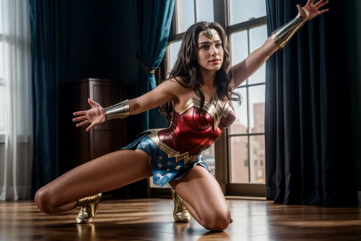 DC s,photo of a 18 year old girl,wonder woman,kneeling,dancing,happy,looking at viewer,ray tracing,detail shadow,shot on Fujifilm X-T4,85mm f1.2,sharp focus,depth of field,blurry background,bokeh,<lora:add_detail:1>,