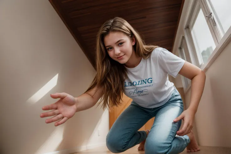 full body,from below,photo of a 18 year old girl,kneeling,bare hands,happy,shirt,pants,ray tracing,detail shadow,shot on Fujifilm X-T4,85mm f1.2,sharp focus,depth of field,blurry background,bokeh,lens flare,motion blur,<lora:add_detail:1>,