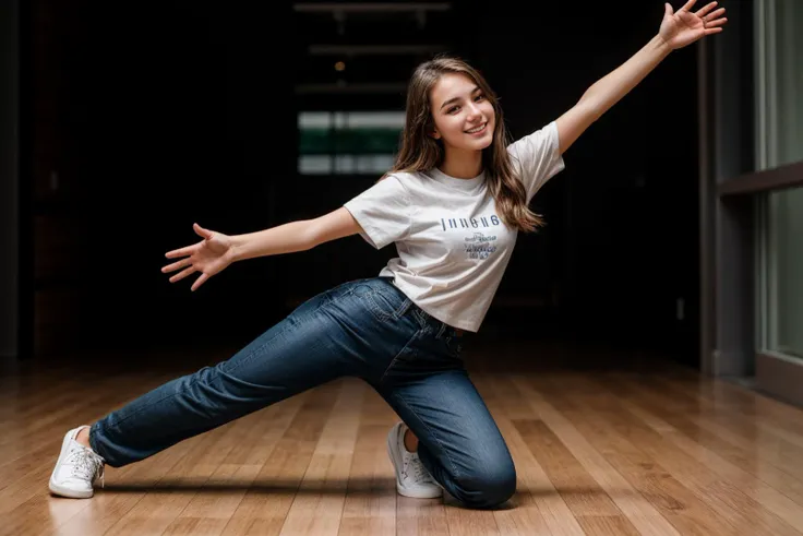 photo of a 18 year old girl,kneeling,dancing,happy,looking at viewer,shirt,pants,ray tracing,detail shadow,shot on Fujifilm X-T4,85mm f1.2,sharp focus,depth of field,blurry background,bokeh,<lora:add_detail:1>,