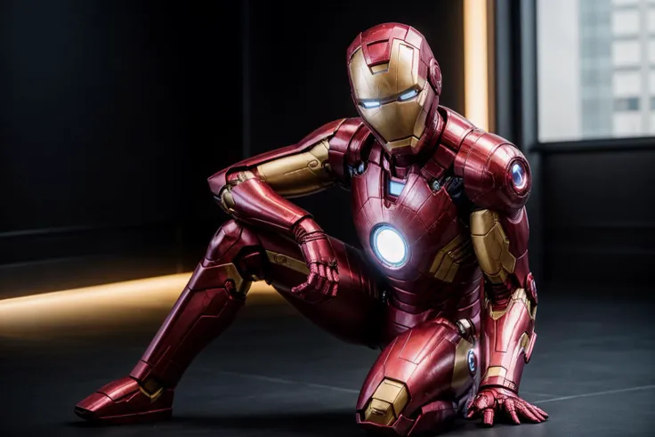 Marvel s,full body,from below,photo of a 18 year old girl,ironman,kneeling,happy,ray tracing,detail shadow,shot on Fujifilm X-T4,85mm f1.2,sharp focus,depth of field,blurry background,bokeh,lens flare,motion blur,<lora:add_detail:1>,