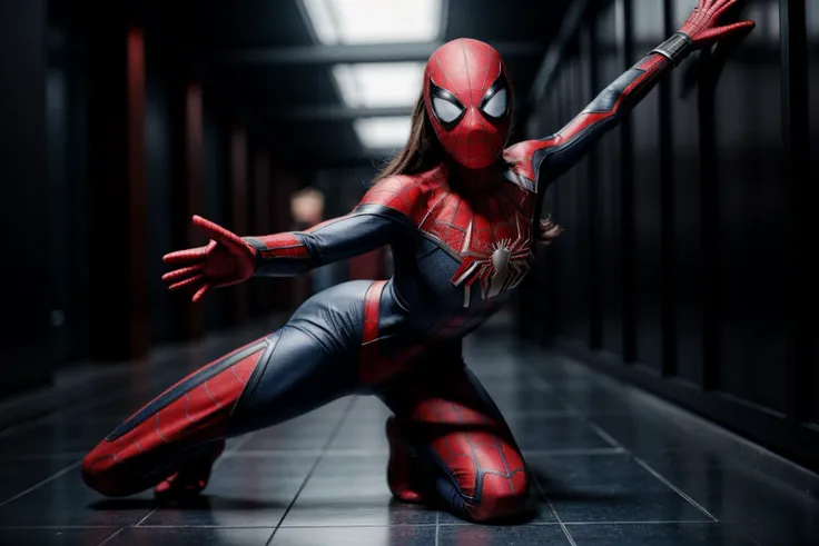 Marvel movies,photo of a 18 year old girl,spiderman,kneeling,dancing,happy,looking at viewer,ray tracing,detail shadow,shot on Fujifilm X-T4,85mm f1.2,sharp focus,depth of field,blurry background,bokeh,<lora:add_detail:1>,