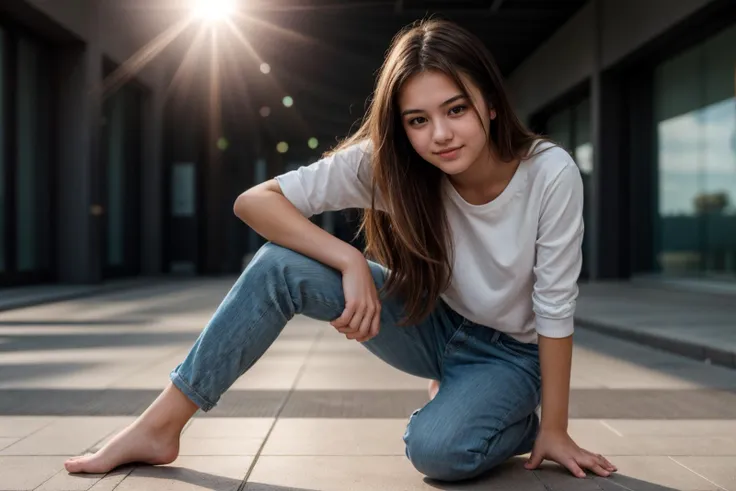 full body,from below,photo of a 18 year old girl,kneeling,bare hands,happy,ray tracing,detail shadow,shot on Fujifilm X-T4,85mm f1.2,sharp focus,depth of field,blurry background,bokeh,lens flare,motion blur,<lora:add_detail:1>,